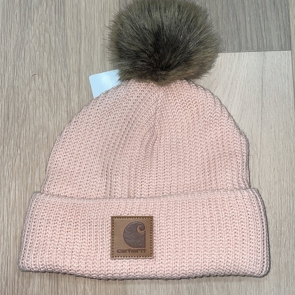 NWT+OSFA Carhartt Knit Fleece Lined Beanie+Rose+Pom+Pink - Picture 3 of 5